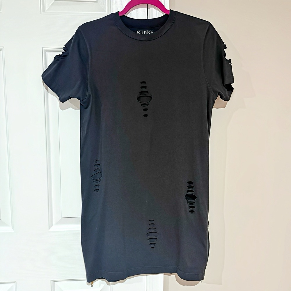 Y2K Distressed Black Short Sleeve Tee Dress Tunic with Zippers Medium